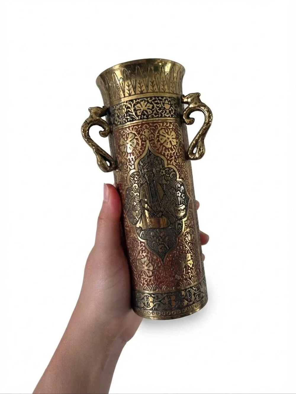 Vintage Kinco Brass Vase Etched Mughal Figure Design Made in England